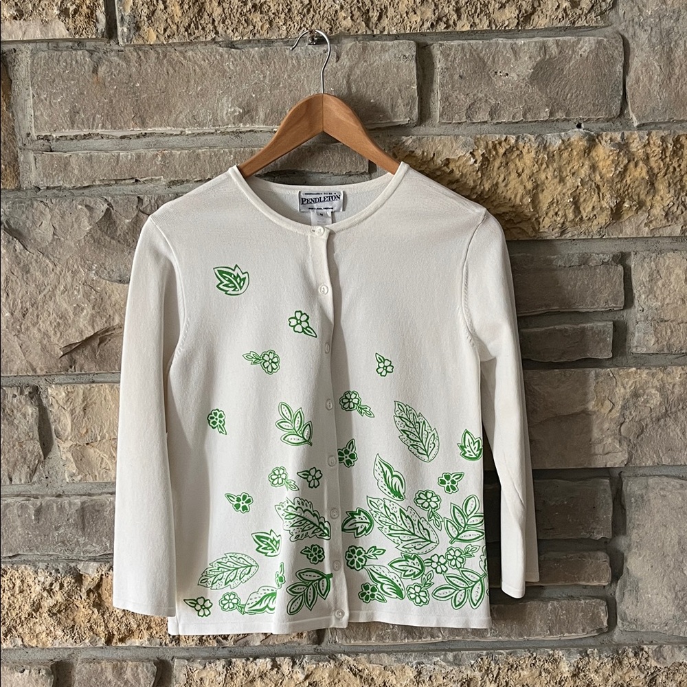 Pendleton White Knit Cardigan with Green Beaded  Paisley Print Size Medium